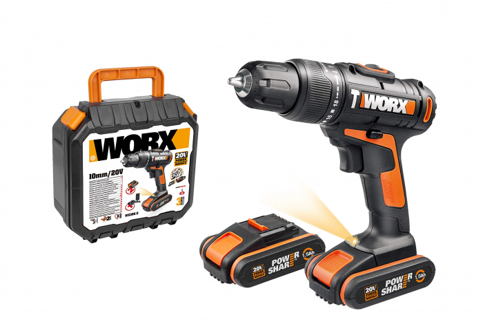WORX 20V Дрель-шуруповерт аккумуляторная WX101, комплект с 2 АКБ 1,5 Ah и ЗУ