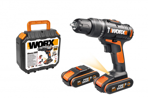 WORX 20V Дрель-шуруповерт аккумуляторная WX101, комплект с 2 АКБ 1,5 Ah и ЗУ