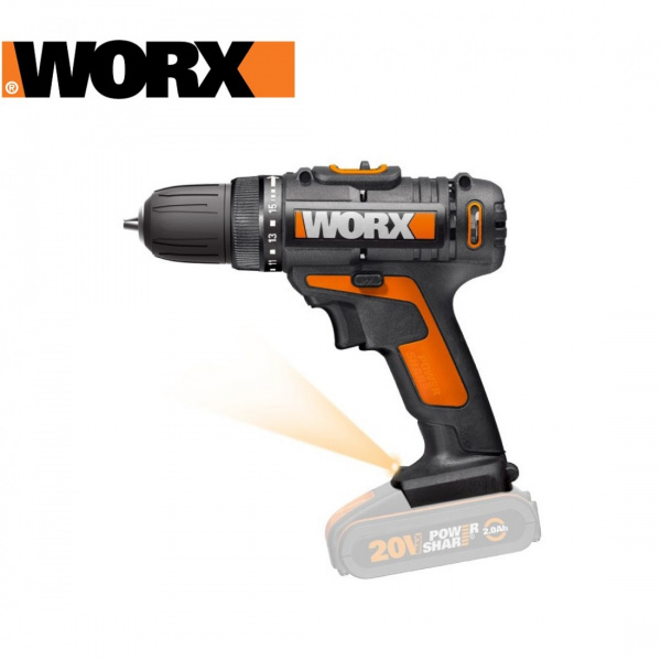WORX 20V Дрель-шуруповерт аккумуляторная WX101, комплект с 2 АКБ 1,5 Ah и ЗУ