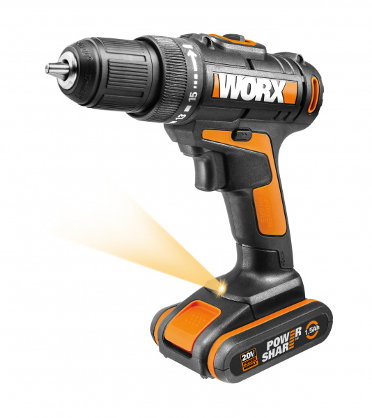 WORX 20V Дрель-шуруповерт аккумуляторная WX101, комплект с 2 АКБ 1,5 Ah и ЗУ
