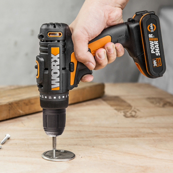WORX 20V Дрель-шуруповерт аккумуляторная WX101, комплект с 2 АКБ 1,5 Ah и ЗУ