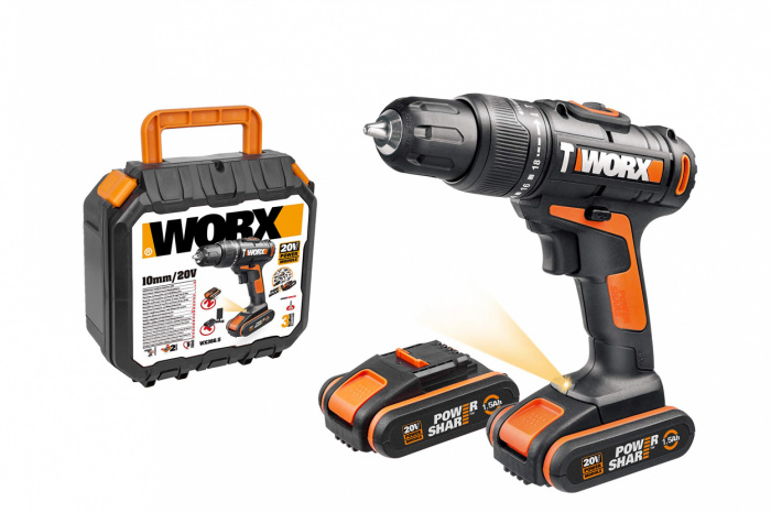 WORX 20V Дрель-шуруповерт аккумуляторная WX101.1, комплект с 2 АКБ 1,5 Ah и ЗУ, кейс