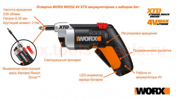 Отвертка WORX WX252 4V XTD аккумуляторная с набором бит 10 шт